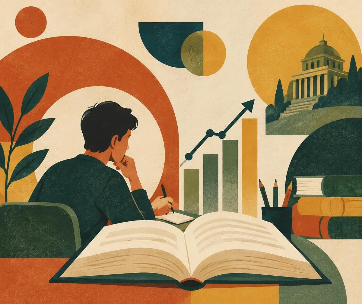Student studying with books and a rising progress chart